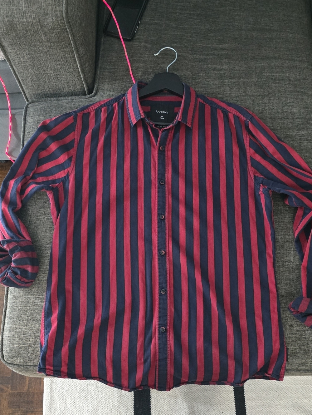 Men's Red and Navy Vertical Stripe Button-Down Shirt Size M